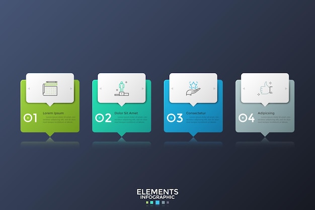 Vier kleurrijke rechthoeken met wijzers of tekstballonnen in horizontale rij geplaatst. Infographic ontwerp lay-out. Concept van 4 opeenvolgende stappen van bedrijfsproces. Vectorillustratie voor presentatie.