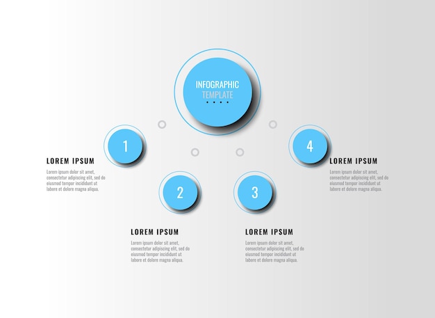 Vier lichtblauwe infographic elementen met schaduw in horizontaal diagram op een witte achtergrond