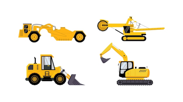 Vector vier mijnbouwvoertuigen ingesteld plat element geïsoleerd op witte achtergrond