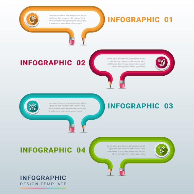 Vier opties infographics sjabloon vector met gebogen potlood