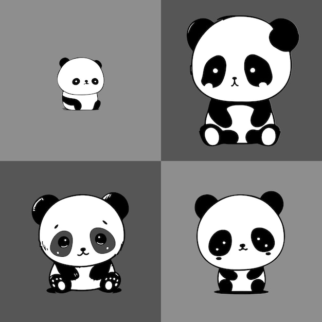 Vier panda's worden getoond in verschillende poses