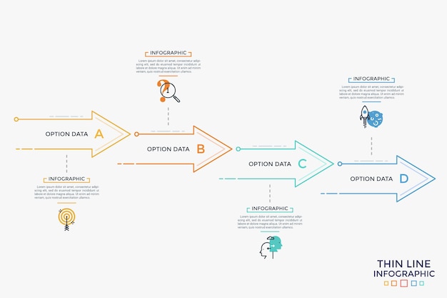 Vier pijlen of wijzers, dunne lijnsymbolen en tekstvakken gerangschikt in horizontale rij. concept van 4 stadia van zakelijke vooruitgang. infographic ontwerpsjabloon. vectorillustratie voor presentatie.