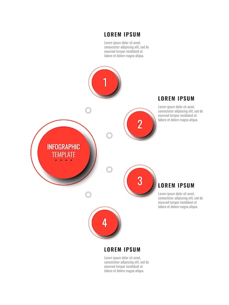 Vier rode infographic elementen met realistische schaduw in verticaal diagram op een witte achtergrond