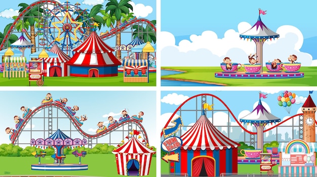 Vier scènes met veel attracties op de kermis