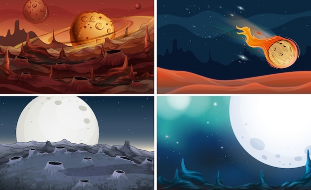 Vier scènes van ruimte met maan