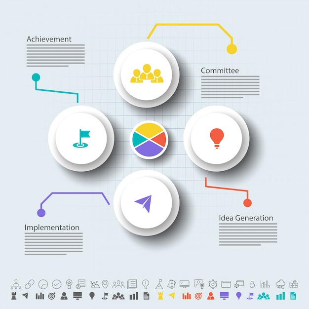 Vier stappen, timeline infographics layout met pictogrammen, in zwart-wit en kleurrijke versies.