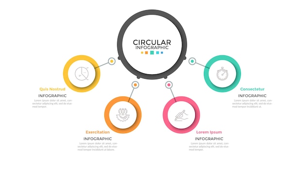 Vier veelkleurige cirkels verbonden met het ronde hoofdelement in het midden, 4 kenmerken van het bedrijfsprocesconcept. minimalistische infographic ontwerpsjabloon. vectorillustratie voor presentatie, website.