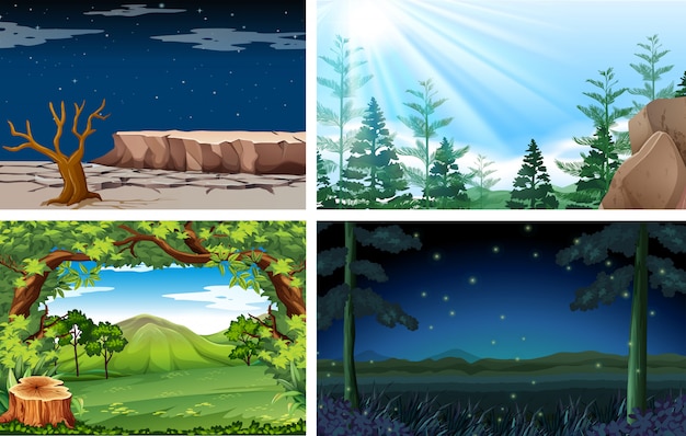 Vier verschillende natuur dag en nacht scène