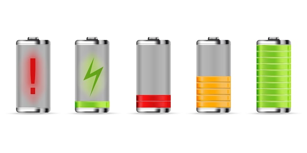 Vier verschillende soorten batterijen met verschillende kleuren en één waar energie op staat
