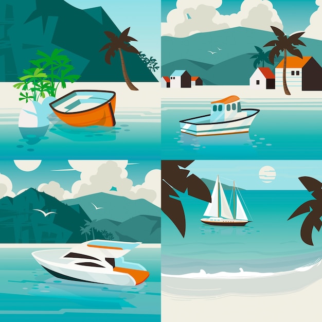 Vier vierkante nautische illustratie set met tropisch paradijs landschap met verschillende zeeschepen. vervoer over water zomer illustratie.