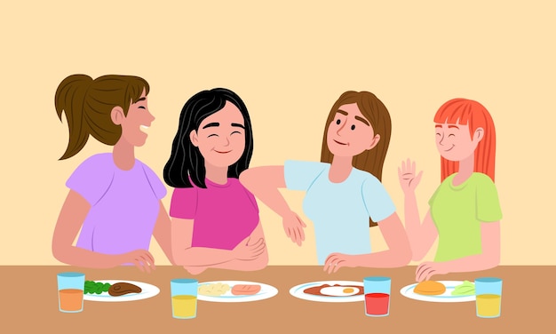 Vier vrolijke vrienden genieten samen van een maaltijd om vriendschap en liefde te vieren.
