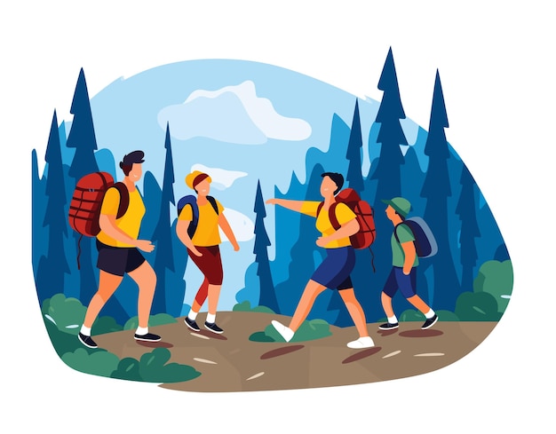 Vier wandelaars trekken door het bos kleurrijke outdoor avontuur groep vrienden wandelen vrouw leidt