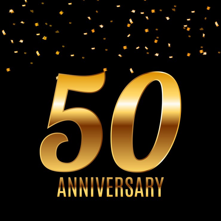 Vieren 50 verjaardag embleem sjabloonontwerp met gouden nummers poster achtergrond.