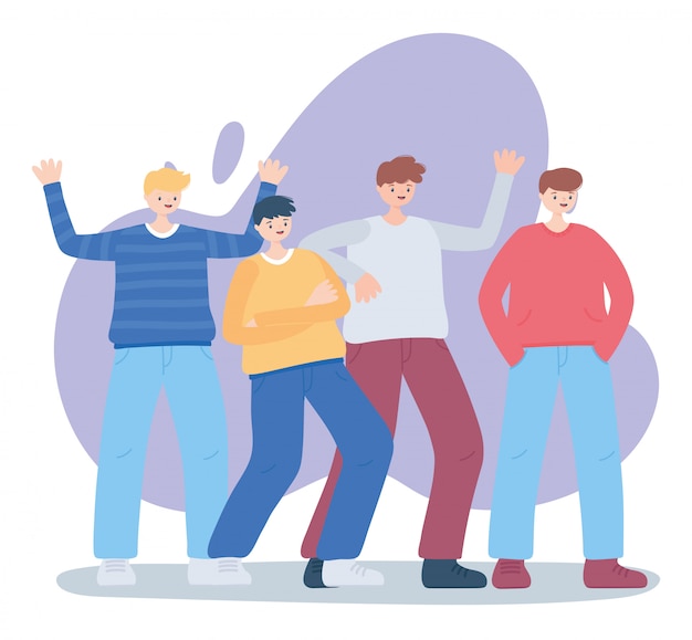 vieren groep jongens stripfiguren vriendschap illustratie