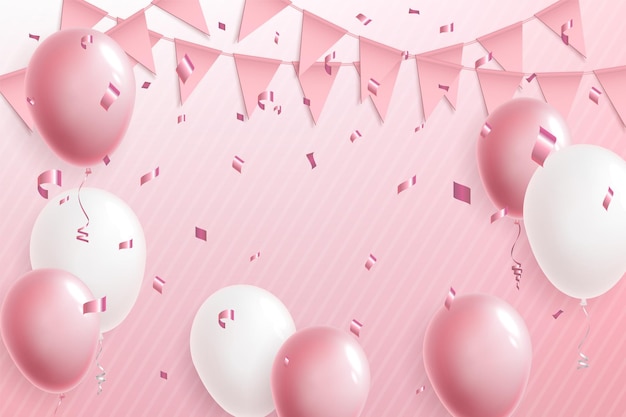 Viering schattige roze achtergrond met ballonnen, vlaggenslinger en folie confetti