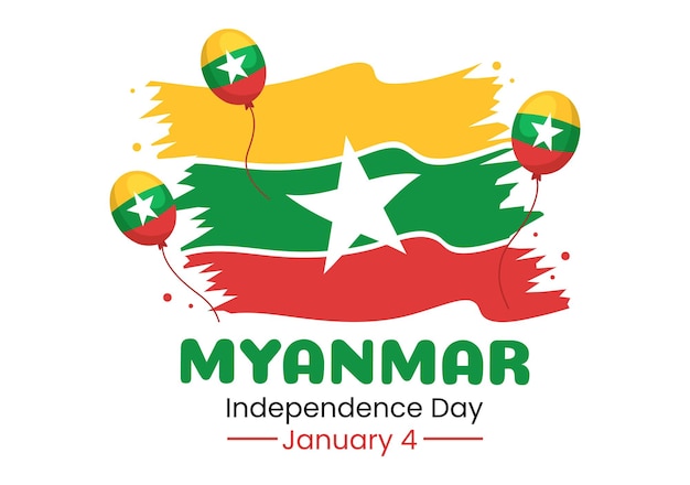 Viering van de onafhankelijkheidsdag van Myanmar op 4 januari met vlaggen in cartoon achtergrond afbeelding
