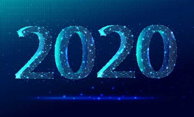 Viering van de technologische achtergrond van het nieuwe jaar 2020 in trendy kleuren met cijfers en driehoeken met vonken.