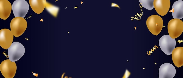 Vector vieringsbanner met gouden confetti en ballonnen op blauwe achtergrond kopieer ruimte vector illustratie