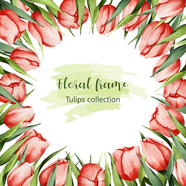 Vierkant frame gemaakt van aquarel bloemen, tulpen en groene bladeren lente achtergrond voor kaarten