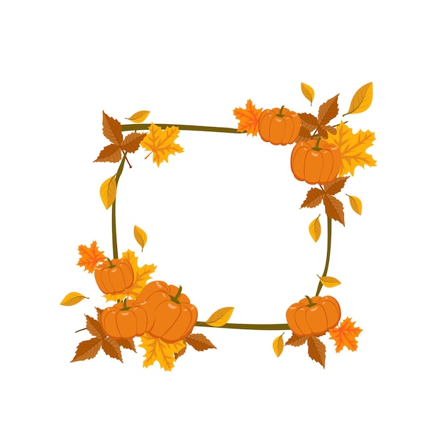 Vierkant frame met oranje en gele esdoornbladeren en pompoenen. heldere herfstkrans met geschenken van de natuur en takken met lege ruimte voor tekst