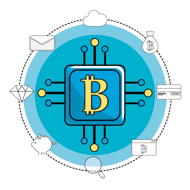 Vierkant met circuitaansluiting en bitcoin-symbool