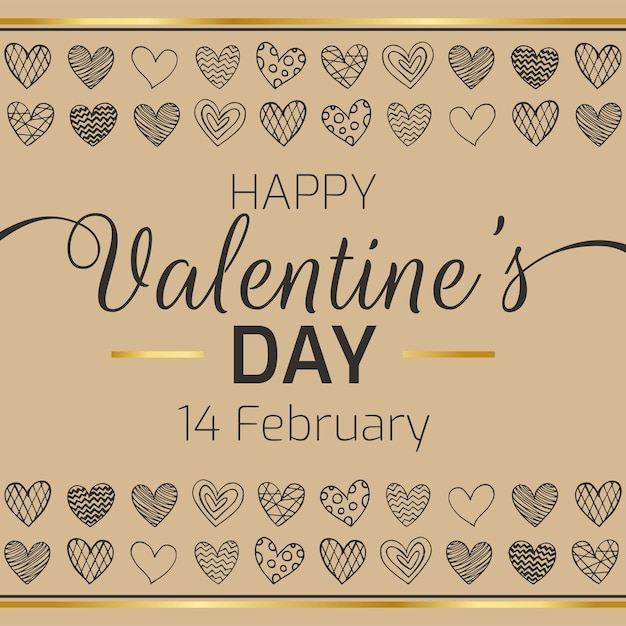 Vierkante banner met kleine Handgetekende harten met gouden frame voor Valentijnsdag in sociale media
