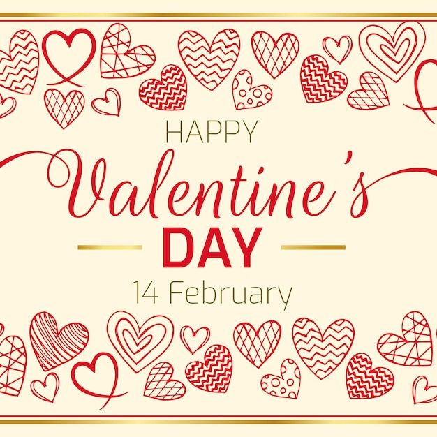 Vierkante banner met kleine handgetekende harten met gouden frame voor valentijnsdag in sociale media