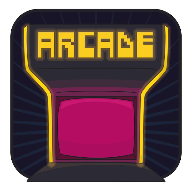 Vector vierkante knop met arcadekast met scherm- en pixeltypografie die videogames promoot