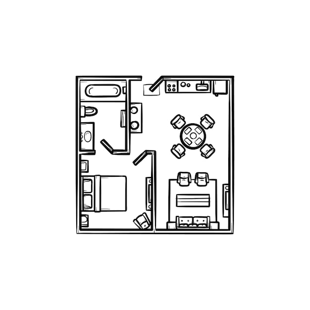 Vierkante plattegrond met meubels hand getrokken schets doodle pictogram. architectuur, indeling, interieurconcept