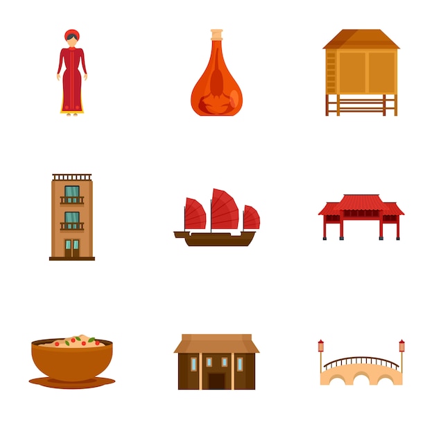 Vietnam attraction icon set, flat style