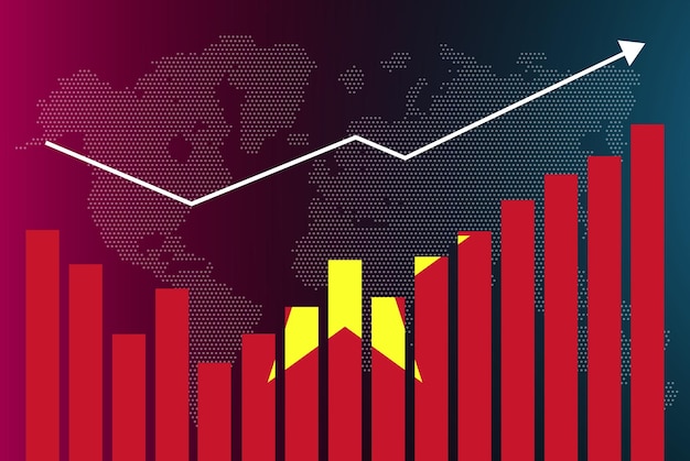 Vietnam bar chart graph with ups and downs, increasing values, vietnam country flag on bar graph