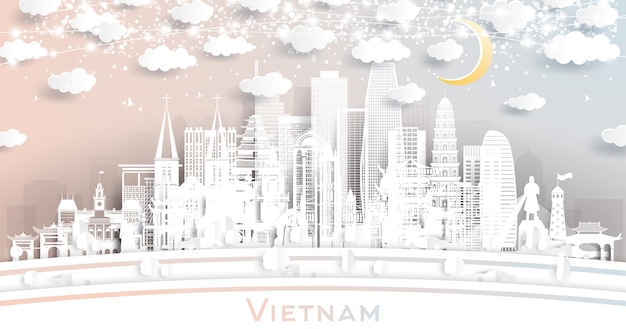 Vietnam City Skyline in Paper Cut Style with White Buildings Moon and Neon Garland