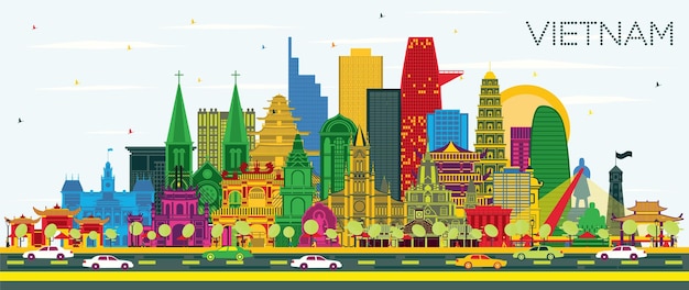 Skyline della città del vietnam con edifici di colore cielo blu e illustrazione vettoriale di riflessioni concetto di turismo con architettura storica