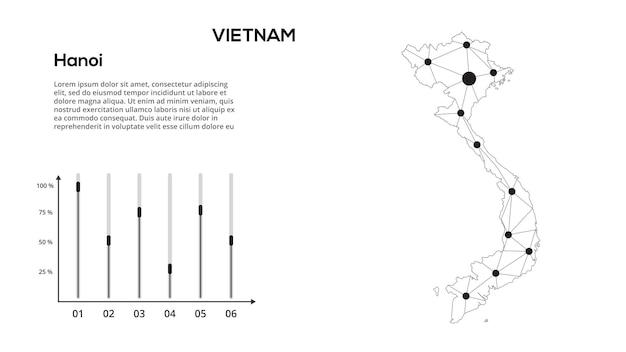 Карта сети связи вьетнама векторное изображение глобальной карты с низким поли с городскими огнями карта в виде линий и точек