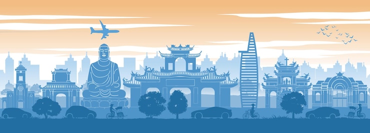 Vector vietnam famous landmark at back of cars and street in scenery style silhouette design vector illustration