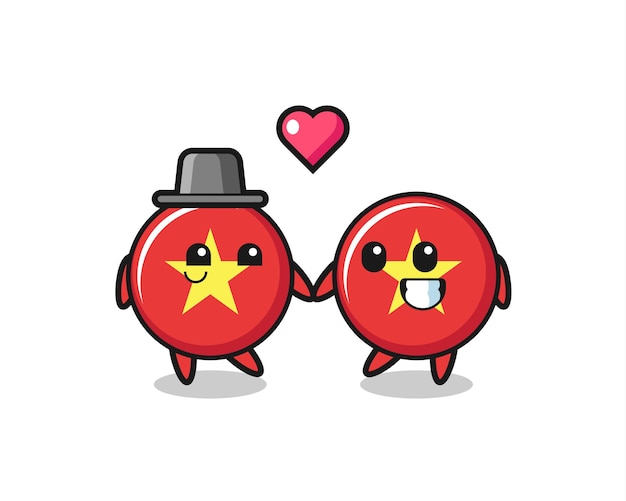 Значок флага вьетнама мультипликационный персонаж пара с жестом влюбленности, милый стиль дизайна для футболки, наклейки, элемента логотипа