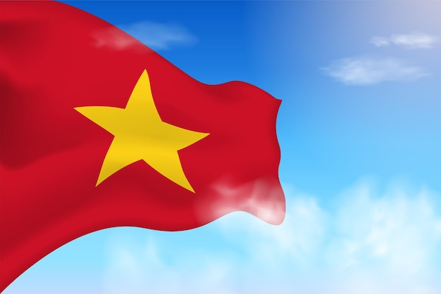 雲の中のベトナムの旗。空に手を振るベクトルフラグ。建国記念日の現実的な旗のイラスト。