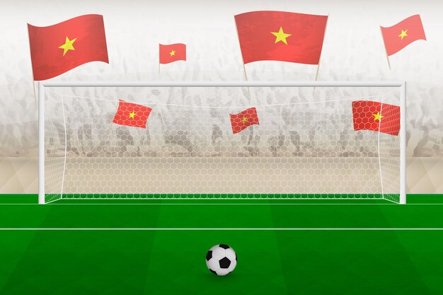 Vietnam football team fans with flags of Vietnam cheering on stadium penalty kick concept in a soccer match