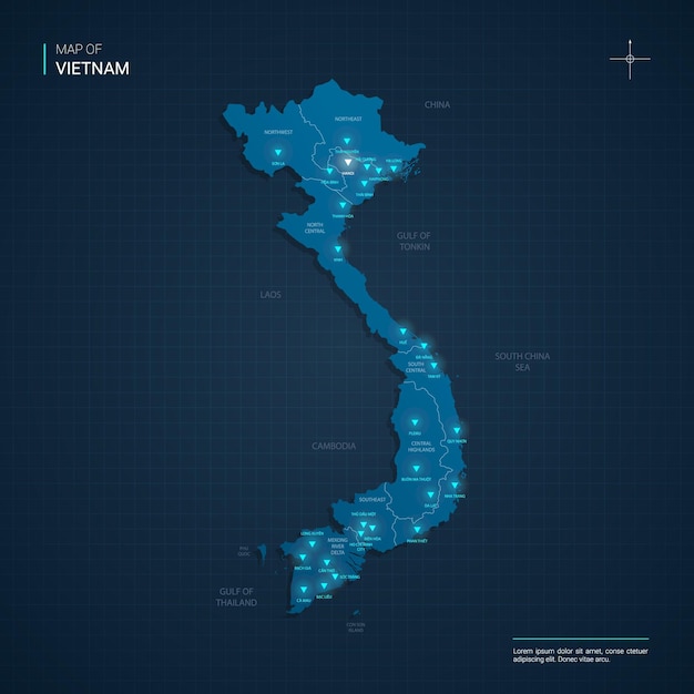 Vietnam kaart met blauwe neon lightpoints - driehoek op donkerblauw kleurverloop