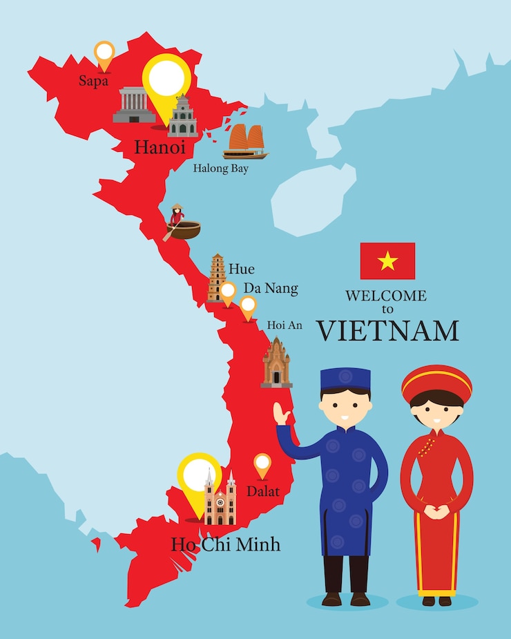 전통 의상을 입은 사람들과 베트남지도 및 명소
