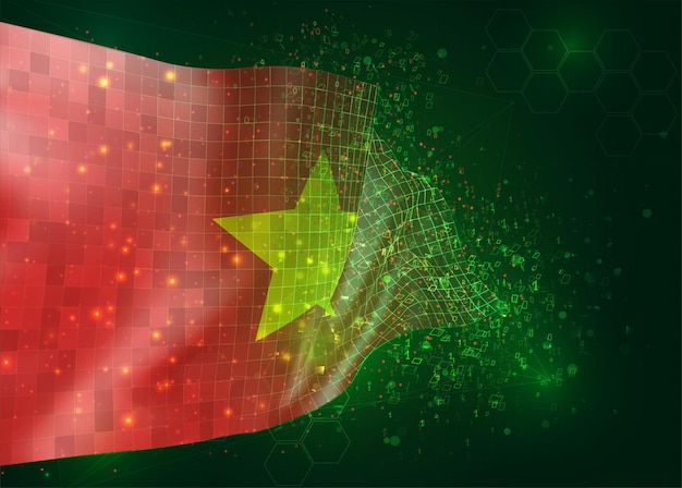 Vietnam, op vector 3d-vlag op groene achtergrond met veelhoeken en gegevensnummers