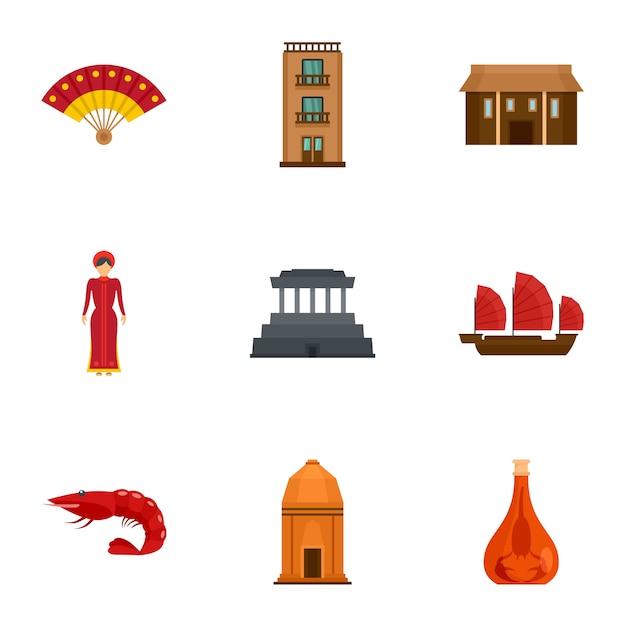 Vietnam traditie icon set, vlakke stijl