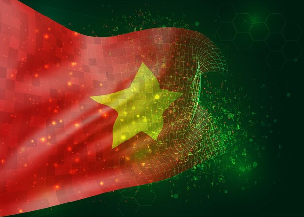 Vietnam, on vector 3d flag on green background with polygons and data numbers