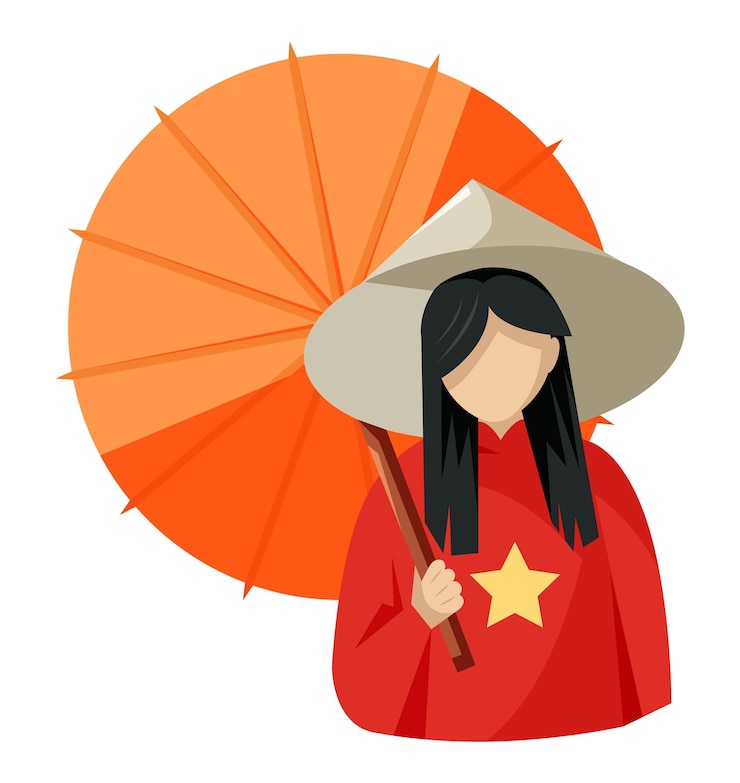 Vector vietnam vector cartoonasia girl in hat flag umbrella