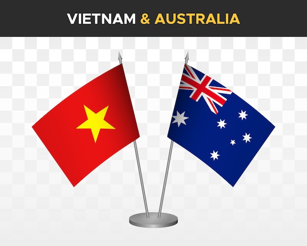 Vietnam vs australia desk flags mockup isolated 3d vector illustration vietnamese table flags