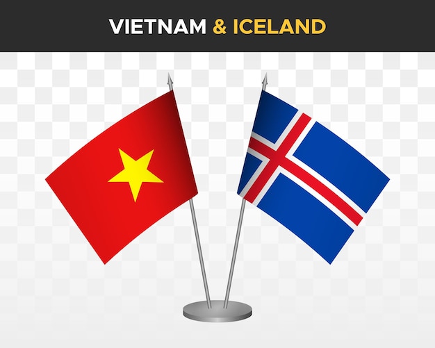 Vietnam vs iceland desk flags mockup isolated 3d vector illustration vietnamese table flags