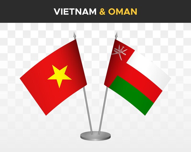 Vietnam vs oman bureau vlaggen mockup geïsoleerde 3d vector illustratie vietnamese tafel vlaggen