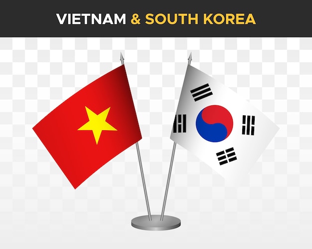 Vietnam vs south korea desk flags mockup isolated 3d vector illustration vietnamese table flags