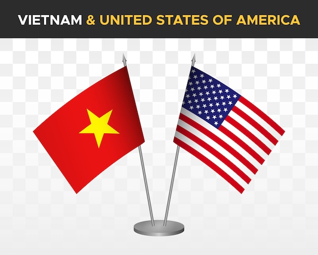 Vietnam vs USA united states america desk flags mockup isolated 3d vector illustration table flags