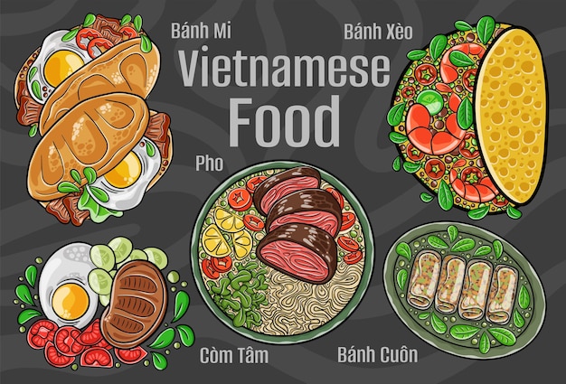 Vietnamees eten Een set klassieke gerechten Cartoon hand getekende illustratie